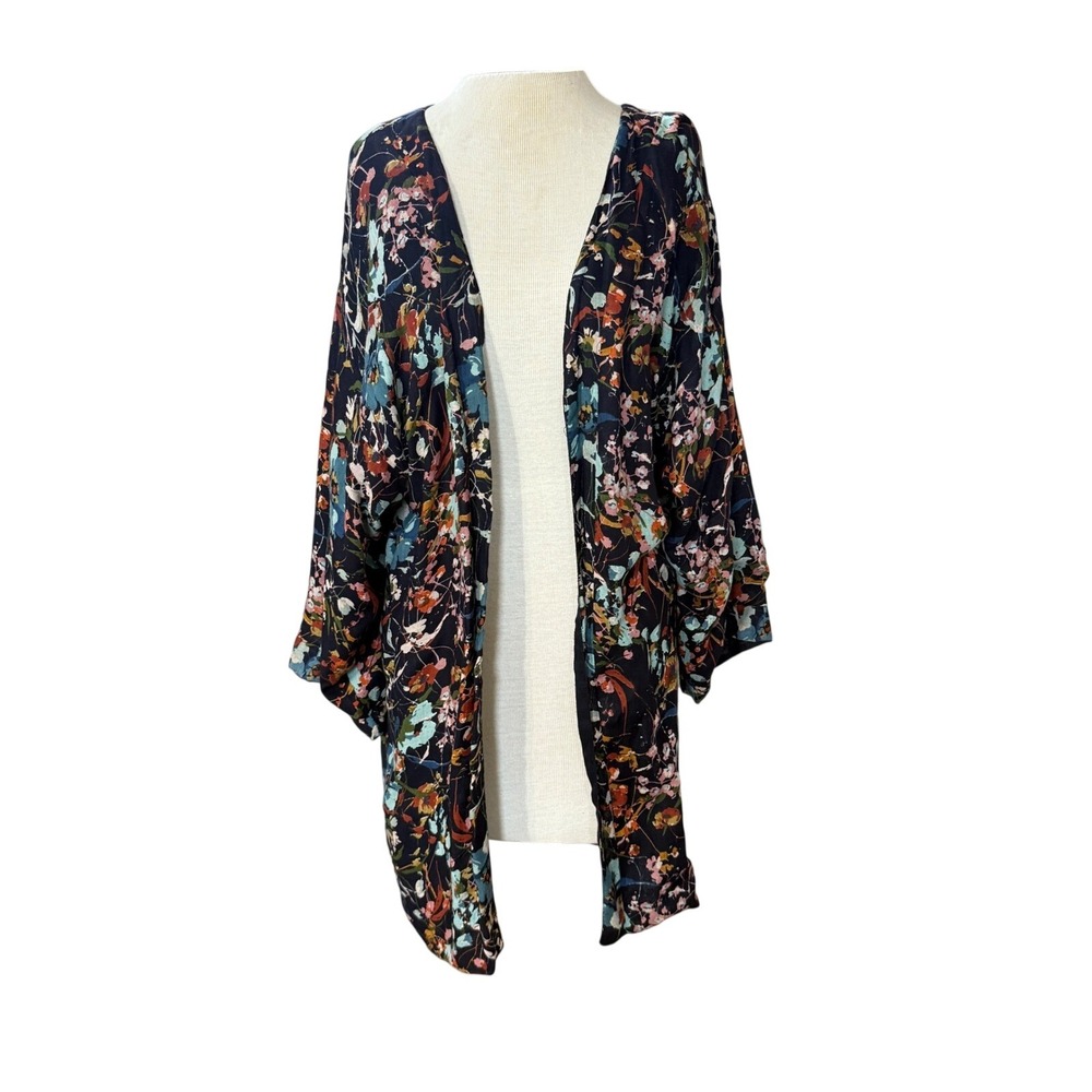 Michael Stars Navy Blue Floral Open Front Kimono Cardigan One Size Lightweight